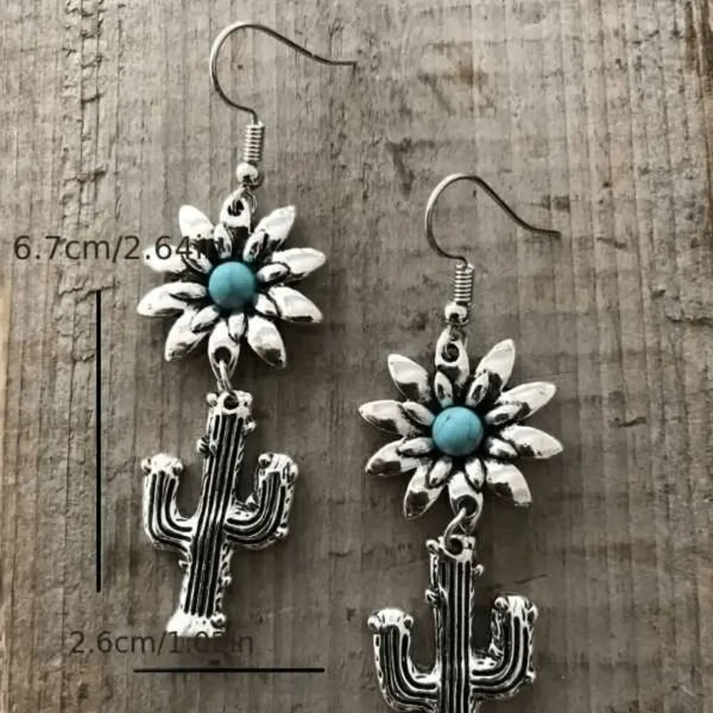 FLOWER CACTUS SILVER TURQUOISE DANGLE EARRINGS